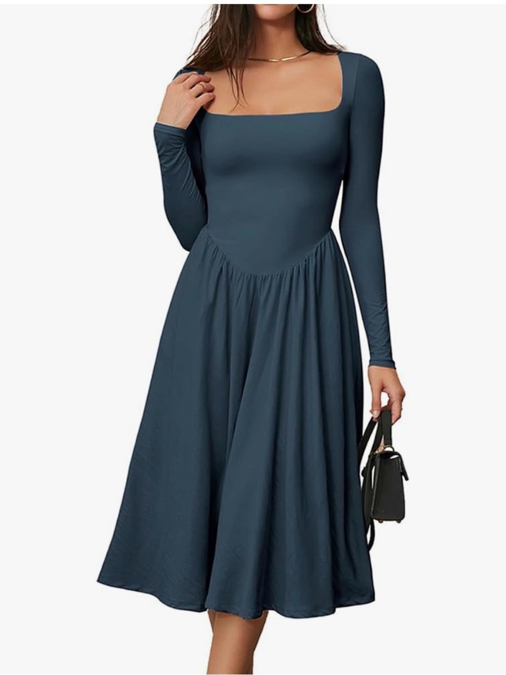 Amazon Women's Long Sleeve Square Neck Midi Dress in Slate Blue
